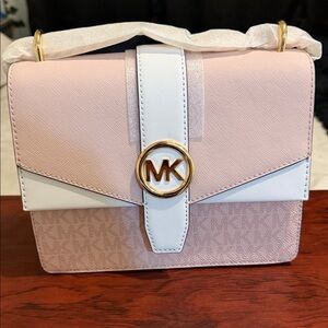Michael Kors Blush Pink and White MK Circle-Logo Shoulder Bag